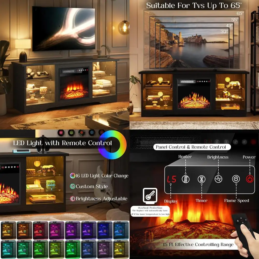 Suporte de TV com lareira elétrica para TVs de 65 polegadas, inserção de 18 polegadas, centro de entretenimento moderno com controle remoto