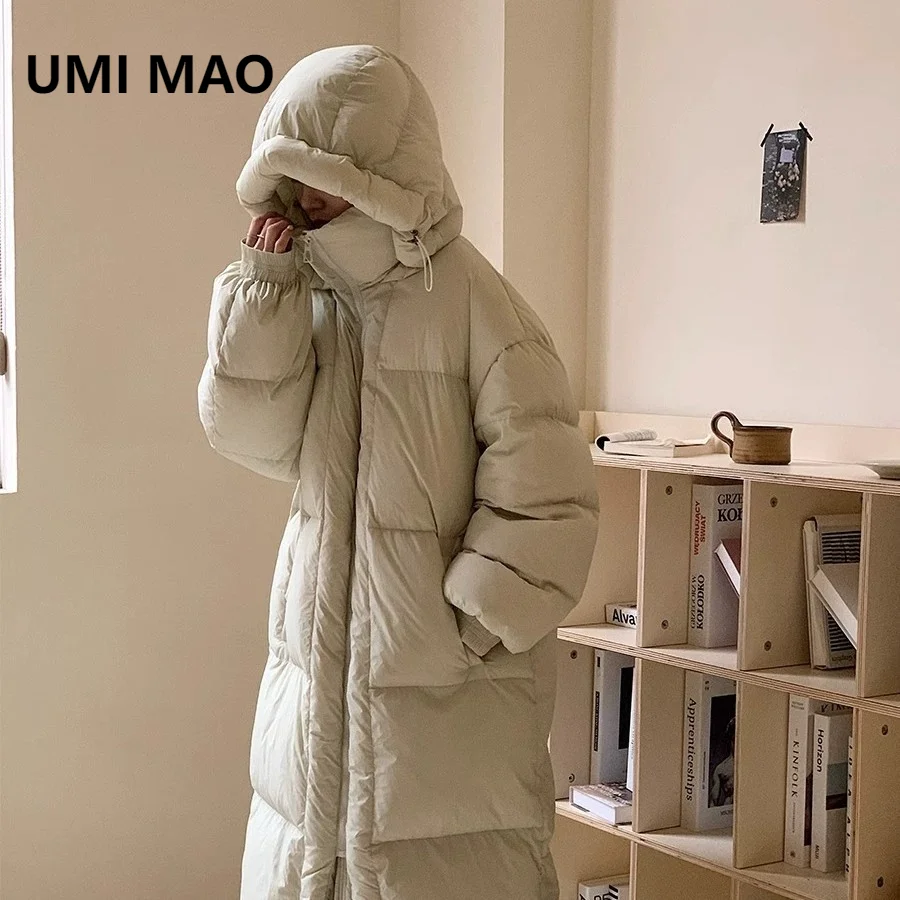 UMI MAO Large Quilt Long Over Knee Hooded Down Jacket For Women 2024 Winter New Loose Thick Warm Down Jacket Femme