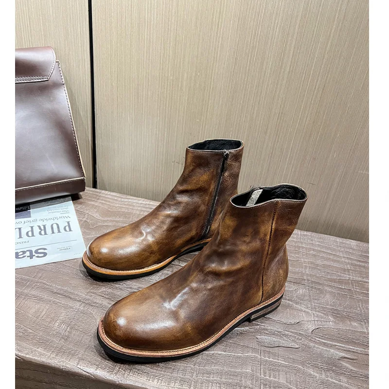 

Fashion Men's Genuine Leather Motorcycle Boots Brogues Shoes Thick Heel Mid-calf Western Chelsae Boots Side Zipper Brown