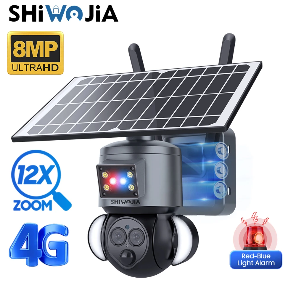 

SHIWOJIA Solar Camera 4G sim Card 4K 8MP Dual Lens 12X Optical Zoom Outdoor WIFI Solar Panel Humanoid Tracking CCTV Camera Alarm