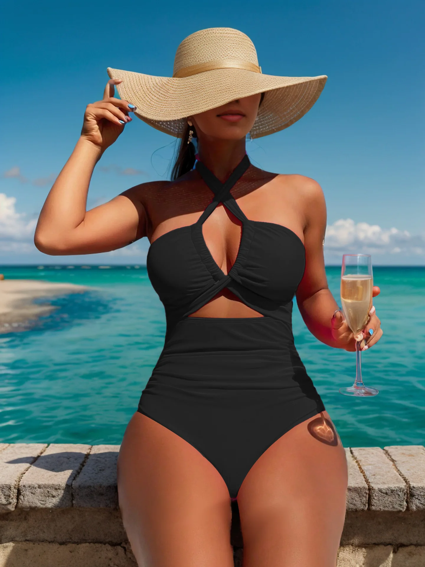 2024 Jednokolorowy seksowny jednoczęściowy damski strój kąpielowy bikini z wysoką talią