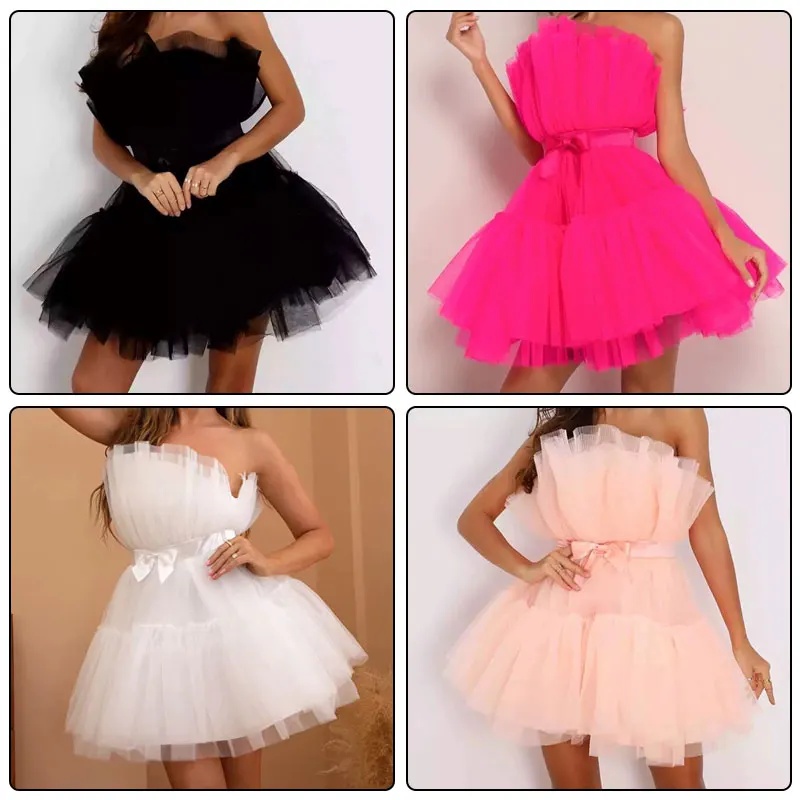 

Sexy Women Summer Ball Gown Solid Elastic Waist Sleeveless Bandeau Net Yarn Elegant Bow Fluffy Dress New