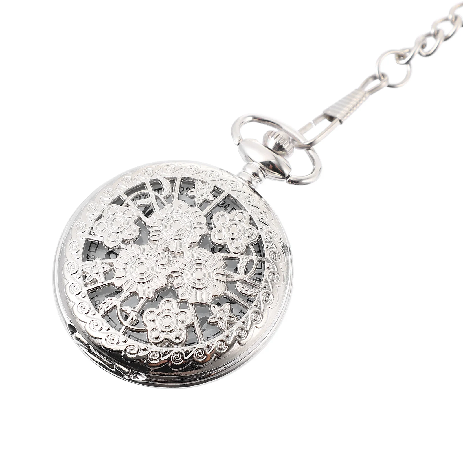 

1pc Vintage Flower Pocket Watch Silver Alloy Quartz Movement Large Black Numbers Hollow Relief Design Dust Proof Lightweight