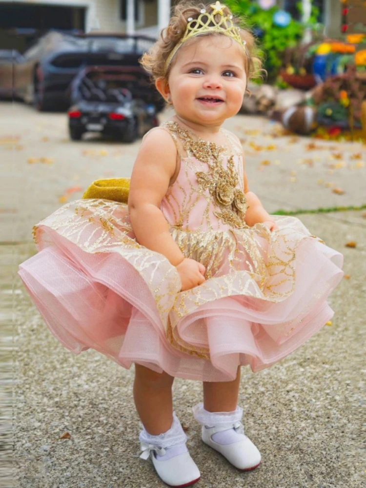 Vestidos de flores brillantes de lujo para niñas, vestidos de capas con apliques de princesa sin mangas para boda, cumpleaños, vestidos de primera comunión