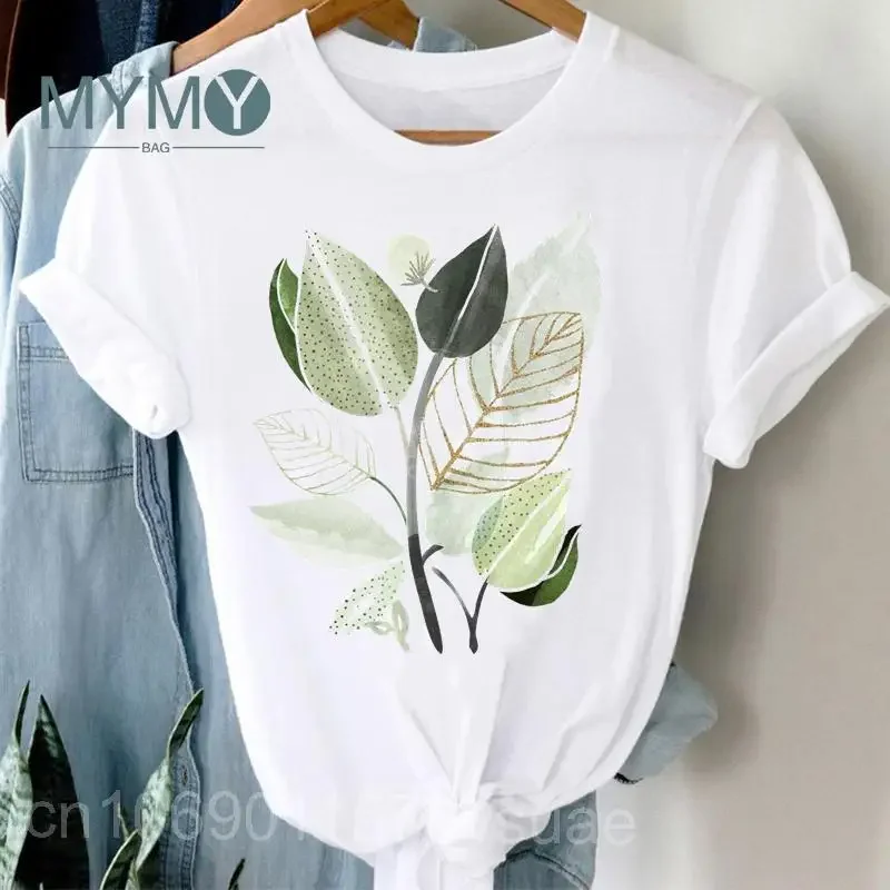 Trend T-shirts Short Sleeve Plant Summer Leaves Print Women Casual Fashion Graphic Regular Tshirt Plus Size Tops Lady Travel Tee