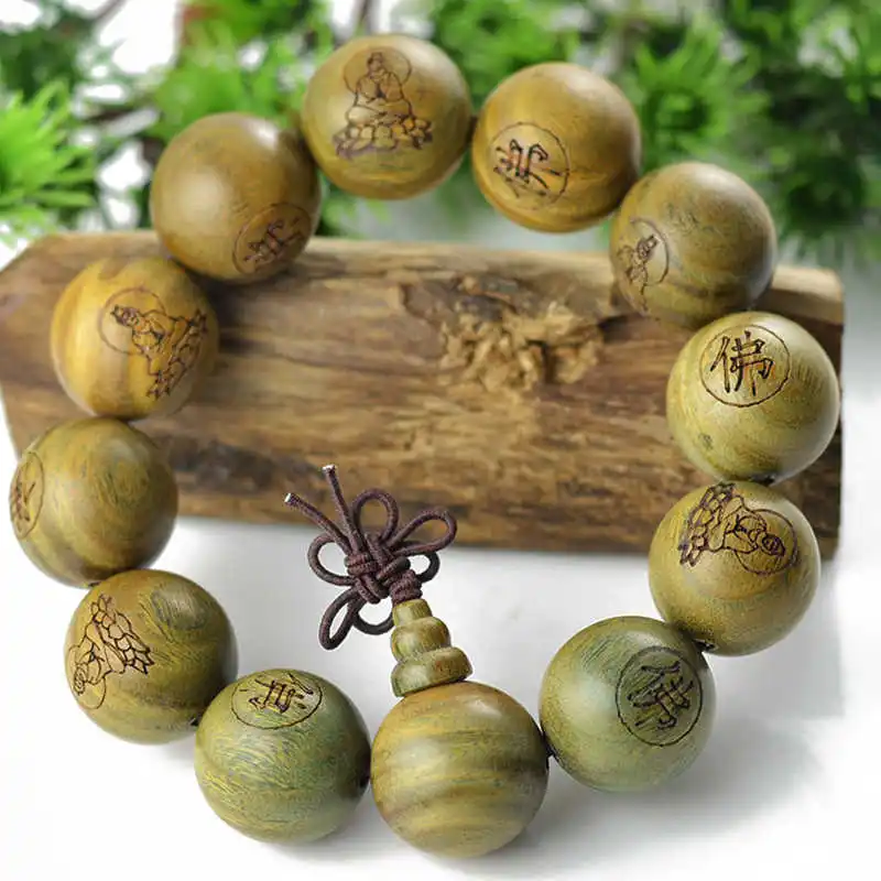 Buddhist GuanYin FO Buddha Prayer Malas Green Sandalwood Beaded Bracelets 10mm 12mm 15mm 18mm 20mm BRO864