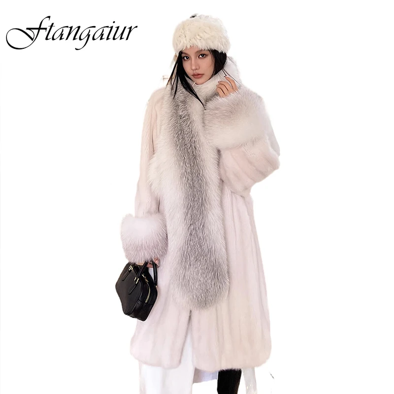 Ftangaiur Winter Coat For Women Import Velvet Mink Fur Coat Women's With Fox Fur Collar Fox Fur Sleeve Real Mink Fur Long Coats