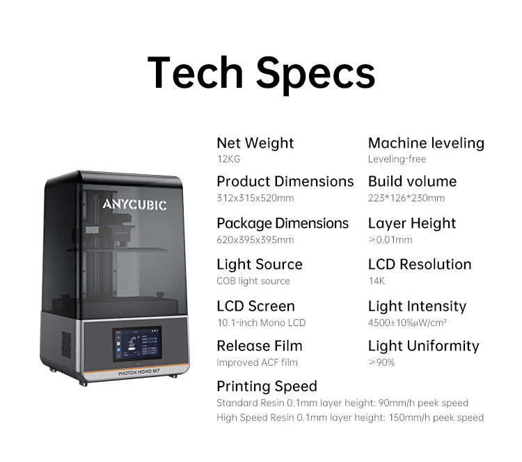 ANYCUBIC Photon Mono M7 14K Mono MSLA 3D Printer 10'' 14K LCD Resin 3D Printer Speed Up to 150mm/h Printing Size 223*126*230mm