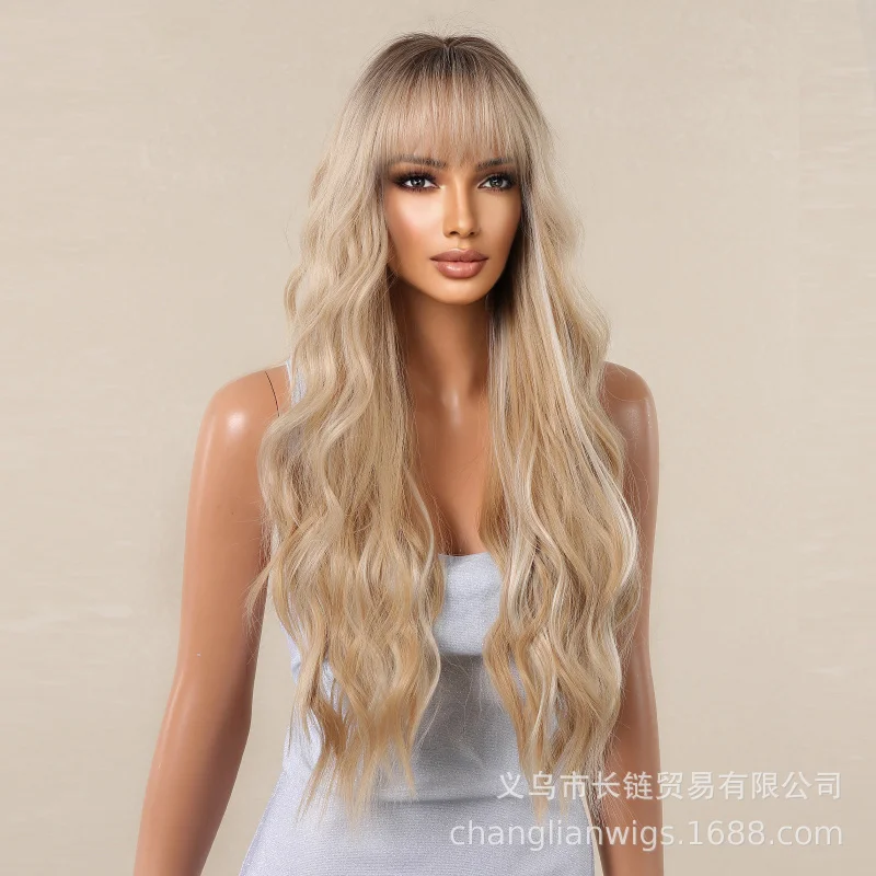 

Женский парик в европейском и американском стиле с челкой, длинными кудрявыми волосами, подходит для повседневной носки, изготовлен из термостойкого материала.