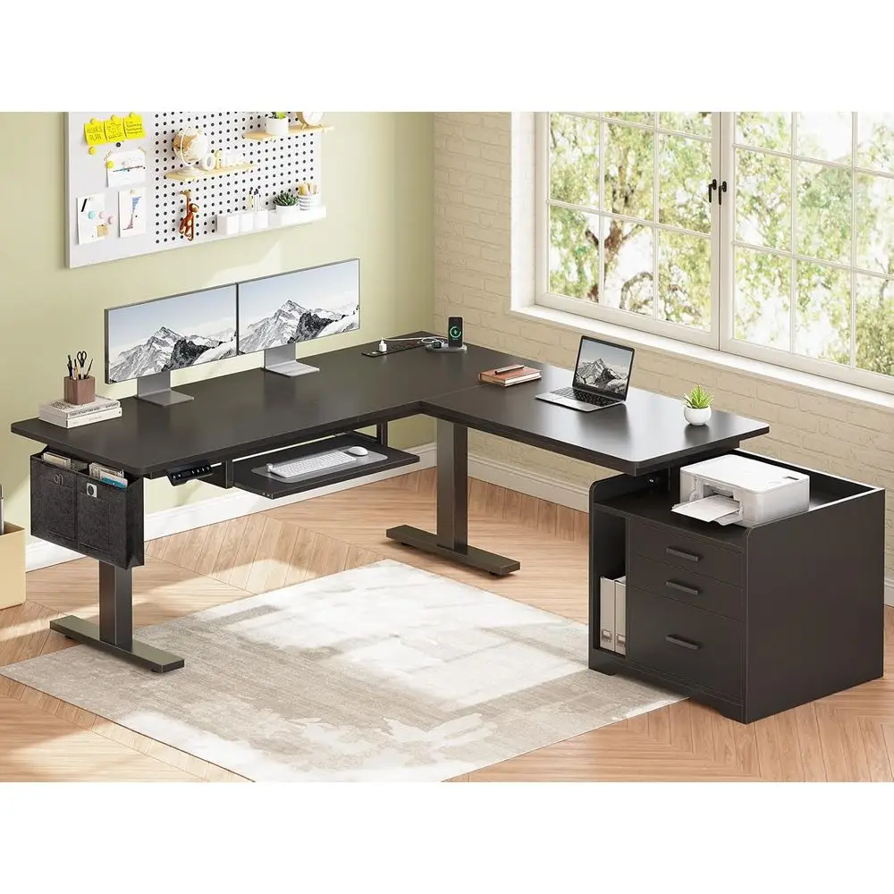Black L-Shaped Adjustable Standing Desk with Drawers, File Cabinet, Power Outlet, LED Lights, and Keyboard Tray for，Customized