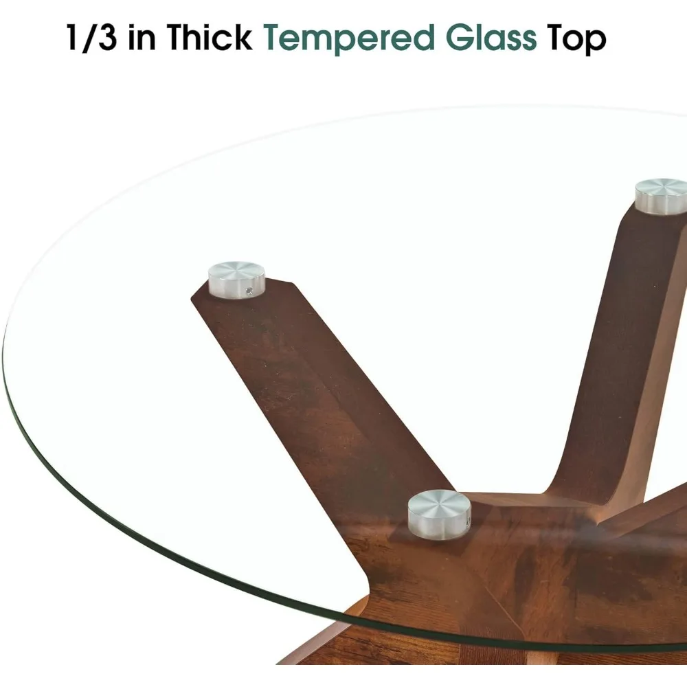 Round Glass Coffee Table for Living Room, 31.5 inches Mid Century Modern Accent Tea Table, Farmhouse Cocktail Table with