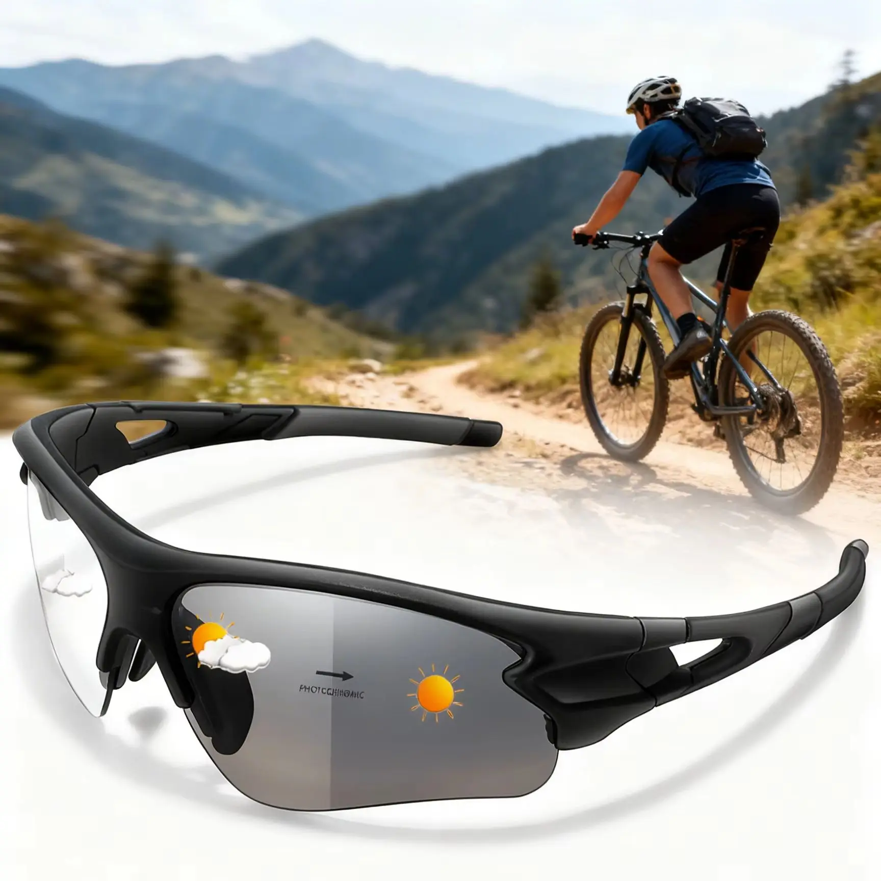 Photochrome Sport-Sonnenbrille für Herren und Damen – Modische Halbrahmen-Brille für Radfahren, Laufen und Wandern
