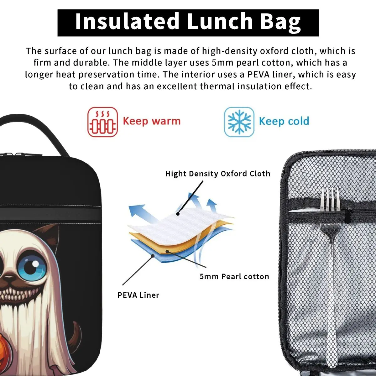 Siamese Cat Scary Halloween Ghost Spooky Pumpkin Candy Insulated Lunch Bag for Women Children Food Boxes Thermal Lunch Box Tote