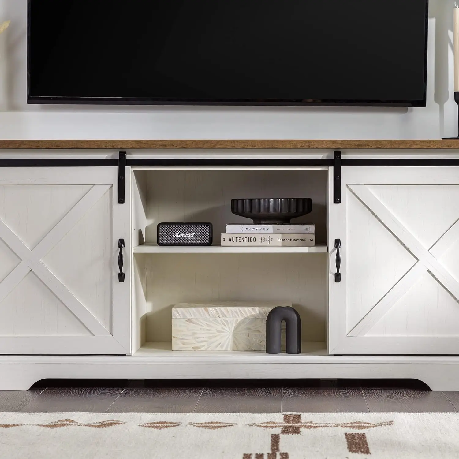 Modern Farmhouse Sliding X Barn Door TV Stand for TVs up to 80 Inches, 70 Inch, Reclaimed  and