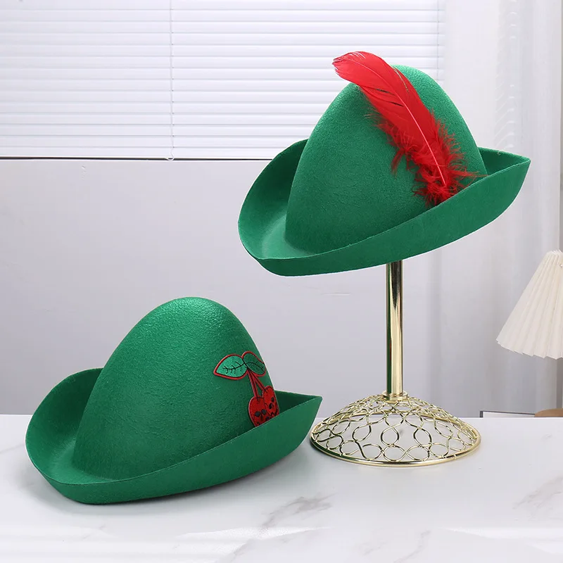 Halloween Robin Hood Hat Green Feather Cowboy Cap Adults Kids Carnival Party Performance Costume Prop Western Medieval Dress Up