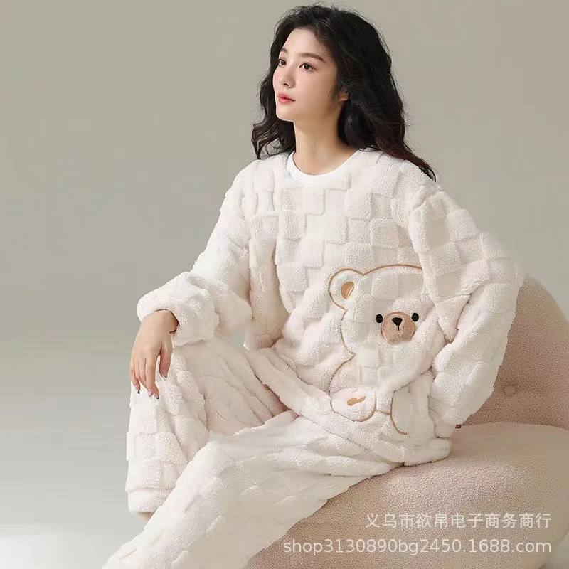 Womens Autumn Winter Warm Coral Velvet Pajamas Set Cute Cartoon Sleepwear Loose Top and Elastic Waist Pants Homewear PJ for Girl