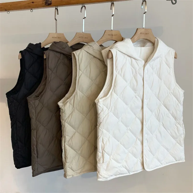 2025 Autumn Winter Warm Hooded Down Waistcoat Jacket Women Ultra Light White Duck Down Vest Female Short Tank Sleeveless Coat