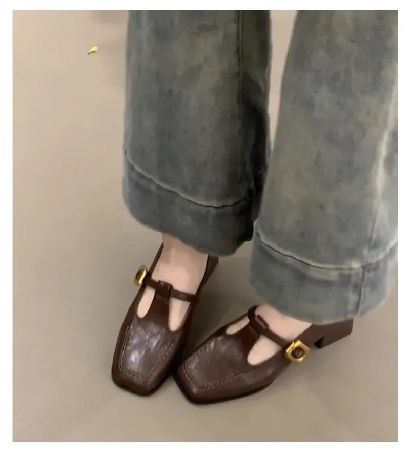 Women Square Toe T-Strap Mary Jane Shoes Gold Buckle Low Block Heel Soft Leather Vintage Ladies Fall Casual Dress Shoes view 4