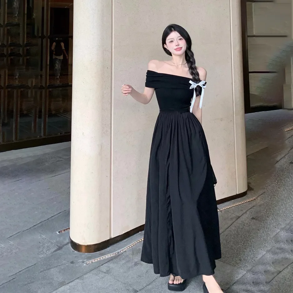 

French Chic Y2K Dresses Women's 20258 Summer New Off-Shoulder Medium Long Backless Slim Slimming Waisted Sexy Umbrella Dress