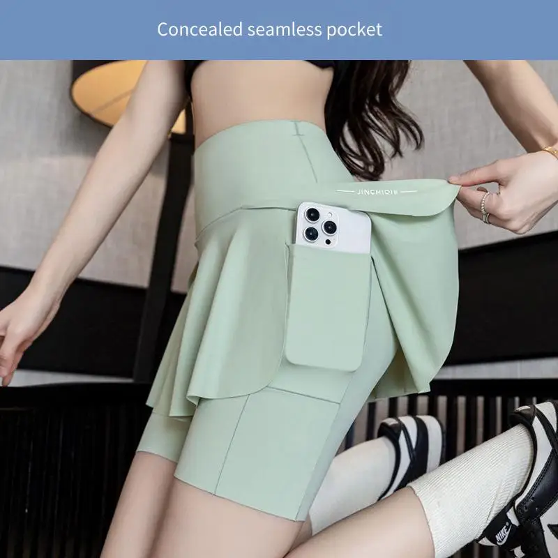Fake Two Items Shorts Women Plus Size Skirt with Pocket Gym Trainning Running Yoga Shorts Stretchy Cycling Three Point Pants