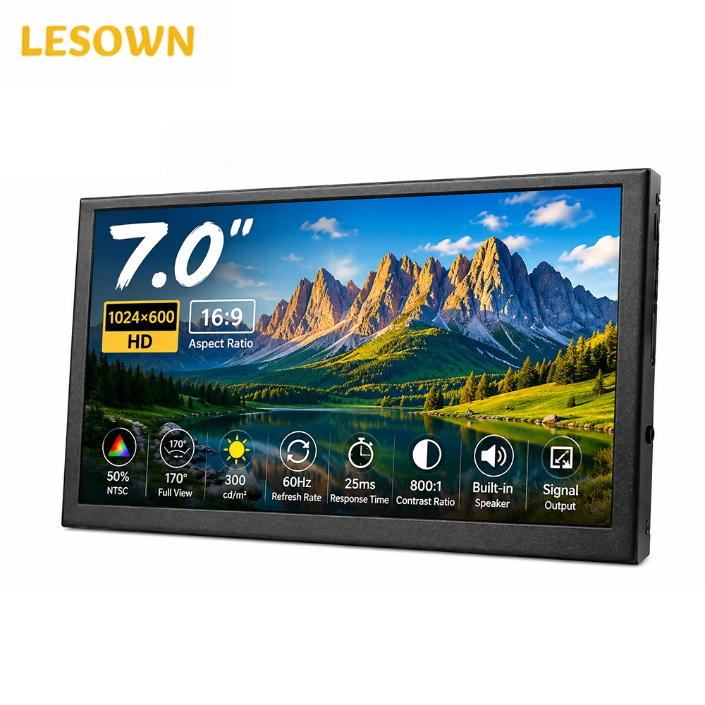 LESOWN 7.0 Inch Mini PC Auxiliary Screen 1024x600 Black Aluminum 60Hz HDMI Monitor for NUC Beelink Desktop