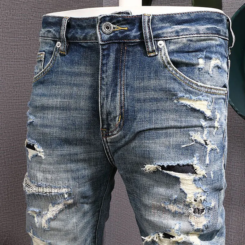 Street Fashion Heren Jeans Retro Blue Stretch Slim Fit Gat Gescheurde Jeans Heren Patched Designer Hiphop Vintage Denim Broek Hombre