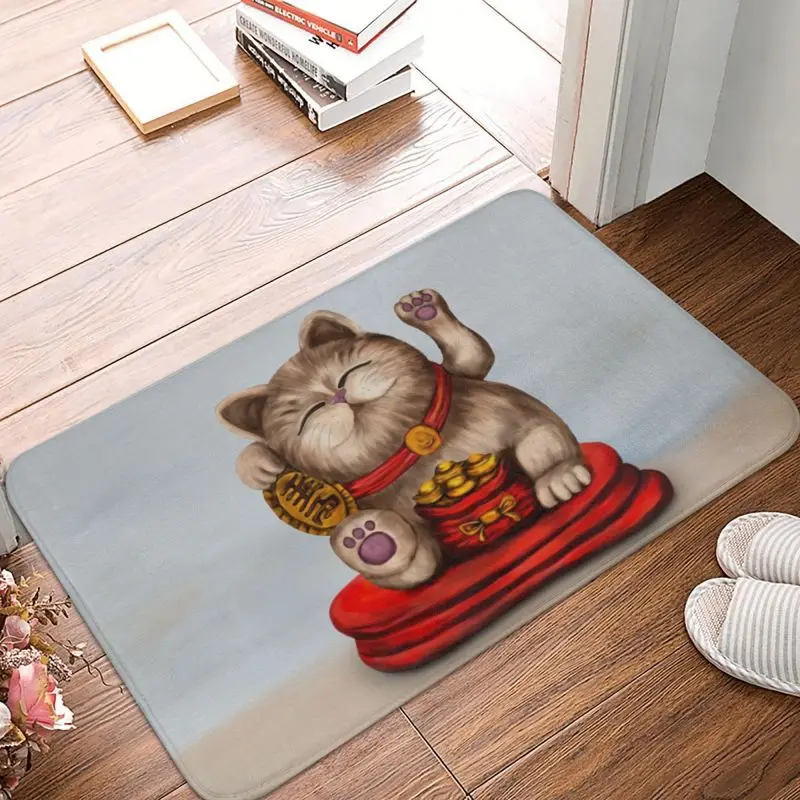 Custom Kawaii Maneki Neko Beckoning Cat Front Door Mat Anti-Slip Outdoor Quick Dry Doormat Floor Bathroom Entrance Rug Carpet