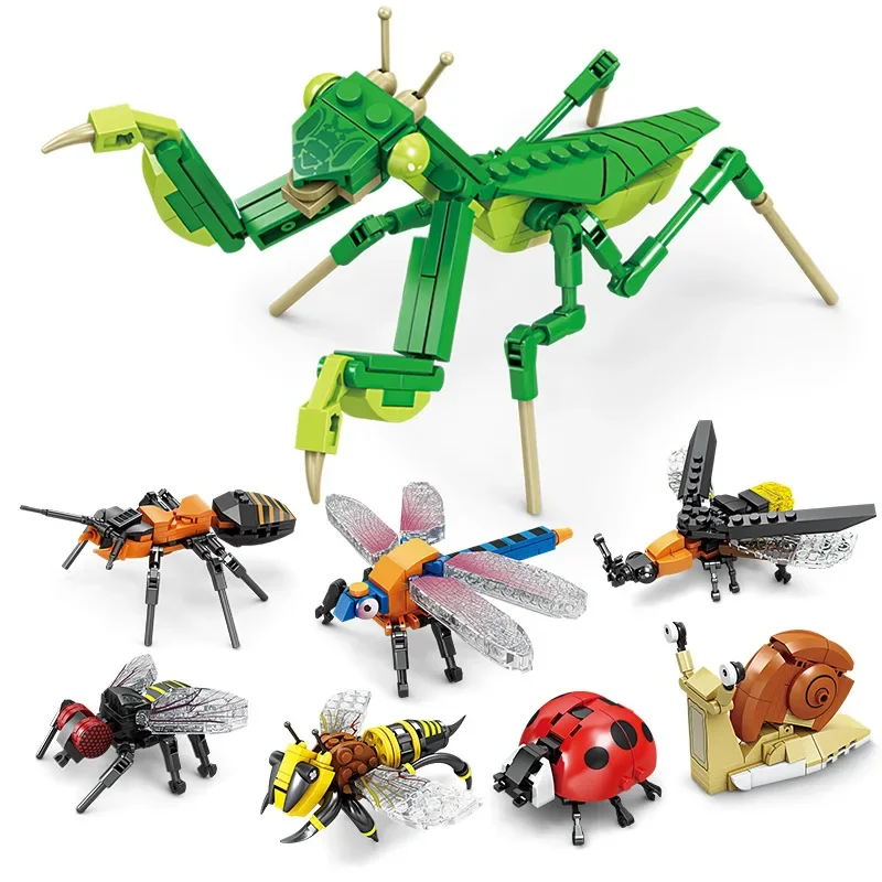 Insect Model Creative Building Blocks Bee Dragonfly Ant Mantis Children's Assembled Toys Interesting Animal Ornaments Gifts