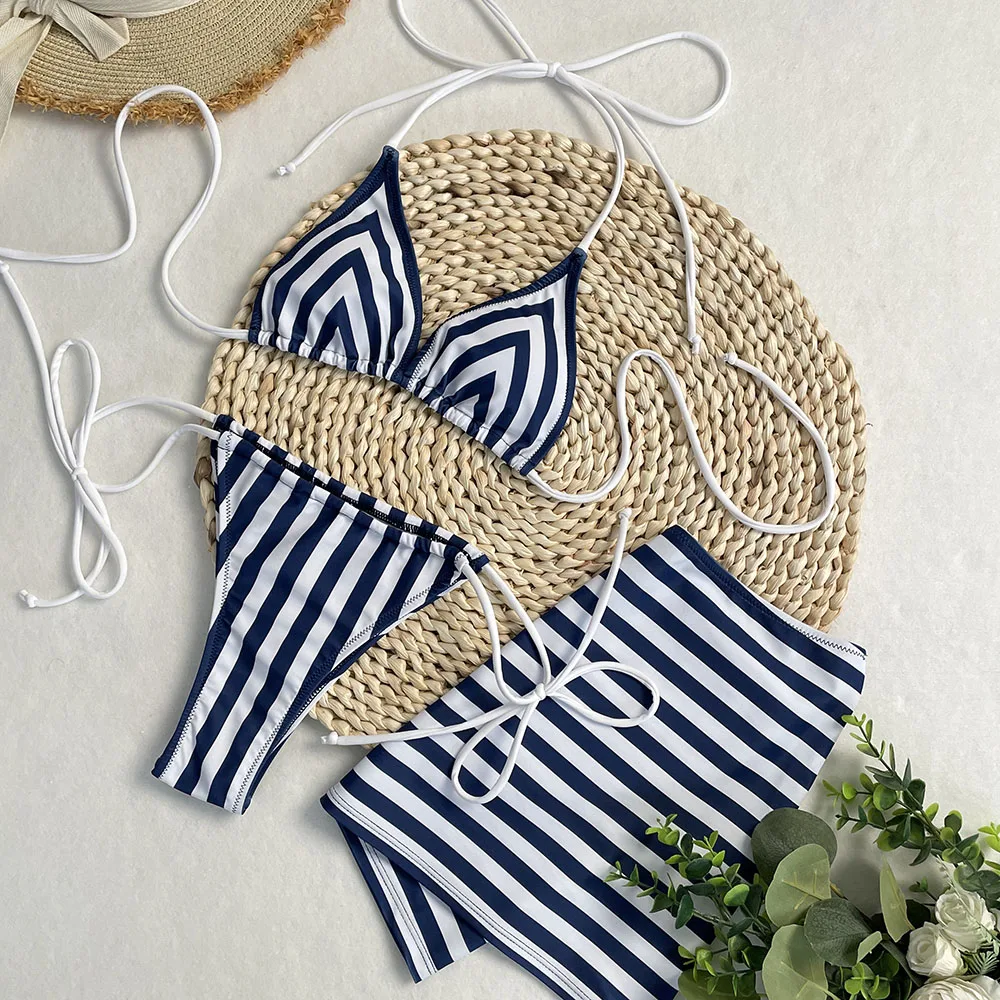 

SERENECHIC 2025 New There-piece Sexy Swimsuit Blue Stripes Halter Bikini Set with Skirt Cover Up Women's Bathing Suit Beachwear