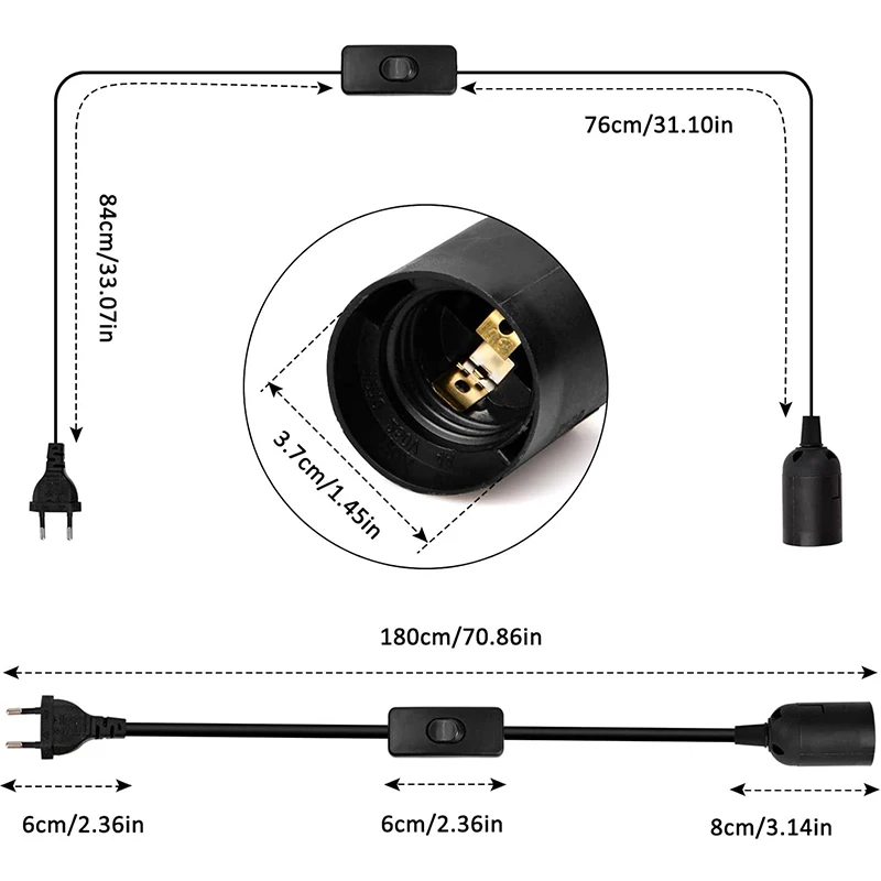 Portalámparas con interruptor E27, Base de lámpara con enchufe europeo de 1,8 M, con cable de interruptor, enchufe de suspensión