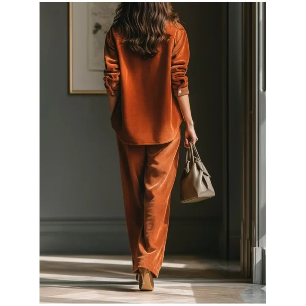New Autumn Winter Corduroy Shirt 2 Pants Set For Women's Fashion Retro Pocketed Loose Fitting Wide Leg Long Pants Set Female