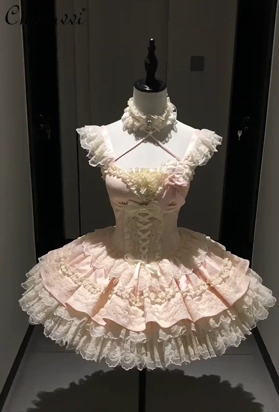 

Sweet Lolita Princess Dress Fairy Pink Girl Birthday Party Dress Women 2025 Summer New Lace Stitching Short Elegant Dresses