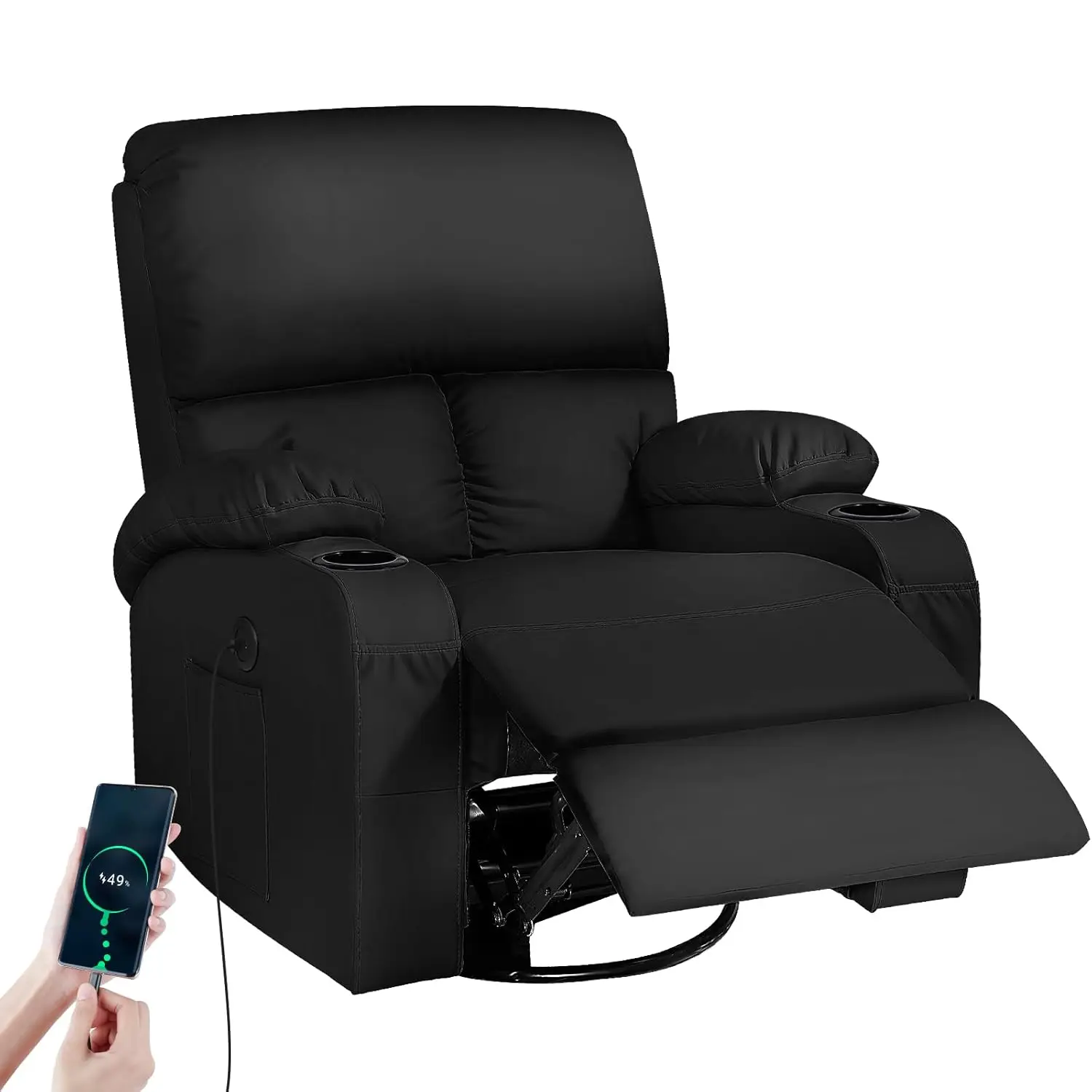 #Massage Rocker Recliner Vibration Heat 360° Swivel Faux Leather Living Room Bedroom Nursery RV Black Customized