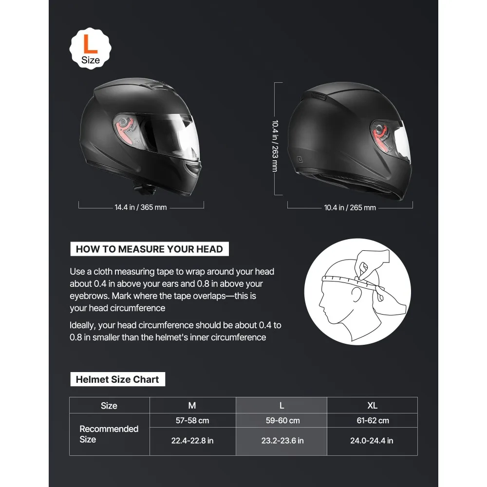 Motorcycle Helmet, Full Face, Adult Motocross Dirt Bike Helmet with Tinted and Clear Dual Visor, DOT Approved, (Matte Black, L)
