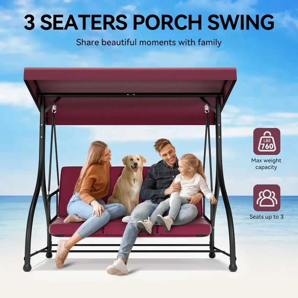 3-Seat Outdoor Patio Swing Chair with Adjustable Canopy Removable Cushion - Heavy Duty Porch Swing Glider for Outdoor Patio