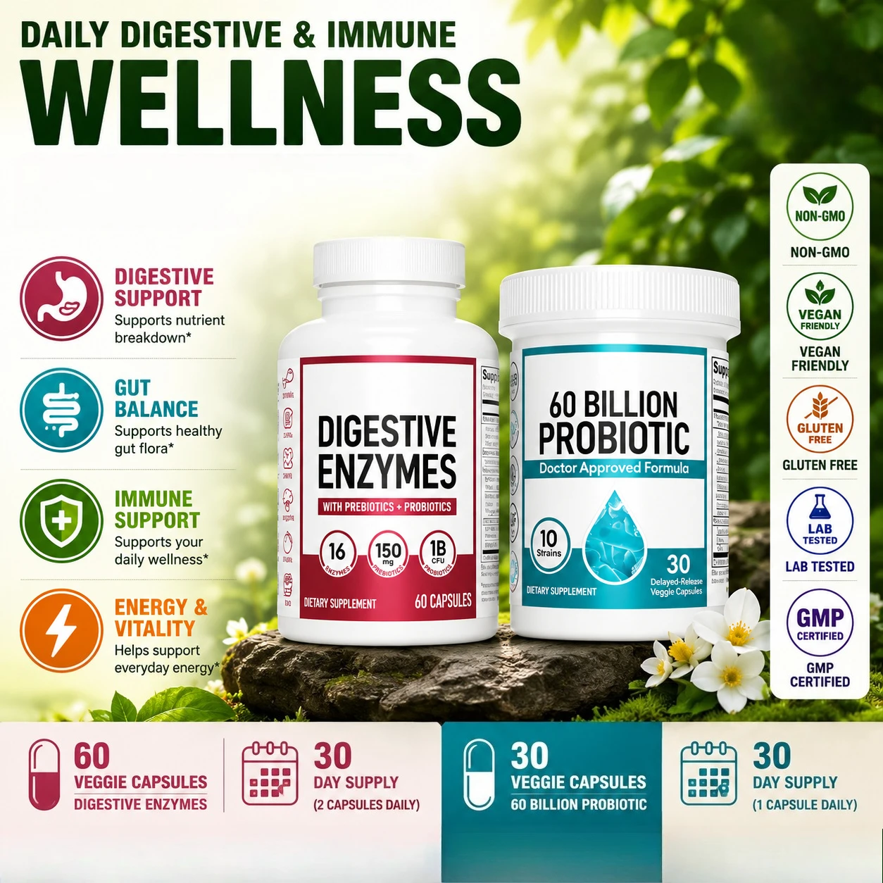 Probiotic 60 Billion CFU Capsules Organic Prebiotics, Shelf Stable Daily Gut Flora & Immune Wellness Support for Adults