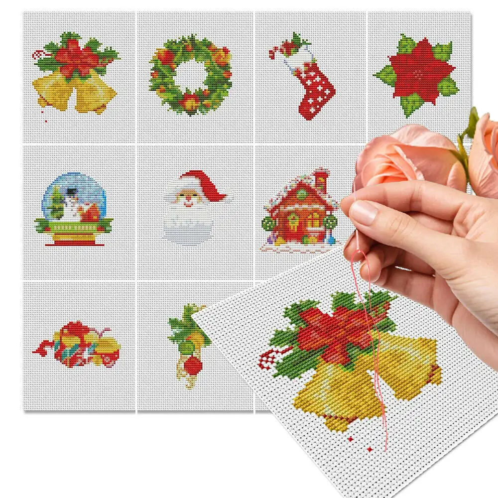 12Pcs Weihnachten Kreuz Stich Kits Baumwolle Faden 11Ct Gedruckt Stoff Stickerei Gemälde Für Innen Dekoration Wohnzimmer