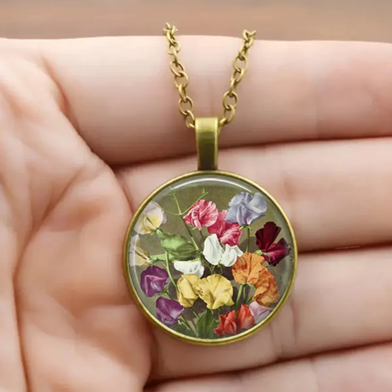 Vintage Antik vergoldete bunte süße Erbsenblume Glas Anhänger Halskette für Frauen Schmuck – Detail 6