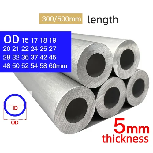 Tubo de aluminio 5 mm de espesor 15-60 mm OD recto 300 mm 500 mm de largo redondo 6063 tubo de aleación de aluminio