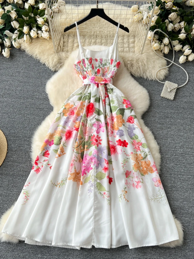 Women Elegant Sexy Beach Vacation Party A-line Dress Summer Sleeveless High Waist Slim Print Strap Dresses Vestidos