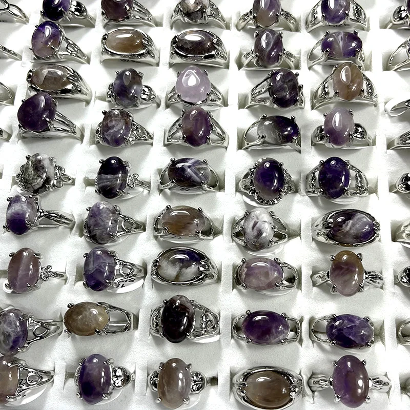 50Pieces /Lot New Design Natural Amethyst Purple Stone Silver Plated Ring Ladies Women Rings Wholesale Jewelry LR4210