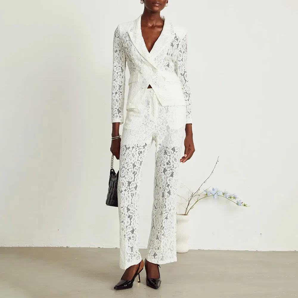TWOTWINSTYLE Solid Spliced Lace Two Piece Set Female V Neck Long Sleeve Jacket Commute Luxury Women's Trousers Set Autumn New