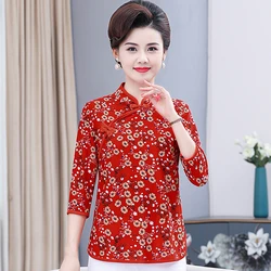 Women Blouse Traditional Vintage Chinese printed cheongsam collar Shirt Spring and summer three-quarter sleeve Tops