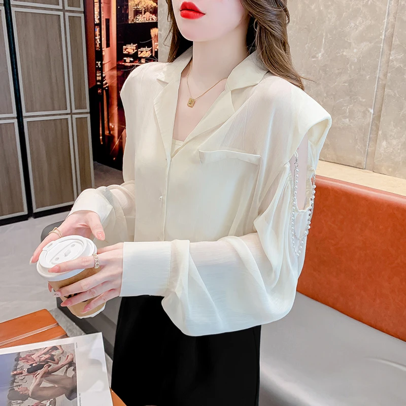 

Ladies Fashion Casual Nail Bead Strapless Shirts Blouse Women Tops Woman Button Up Shirt Female Girls Long Sleeve Blouse BPy8882