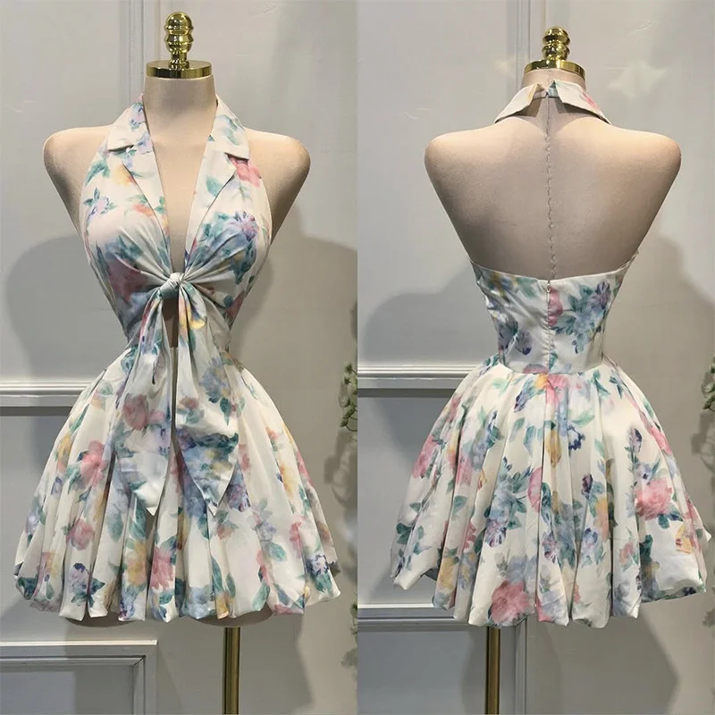 Tesco Women Floral Dresses Summer Halter Notch Lapel Backless Short Prom Dresses 2025 Mini Evening Dresses vestidos de fiesta