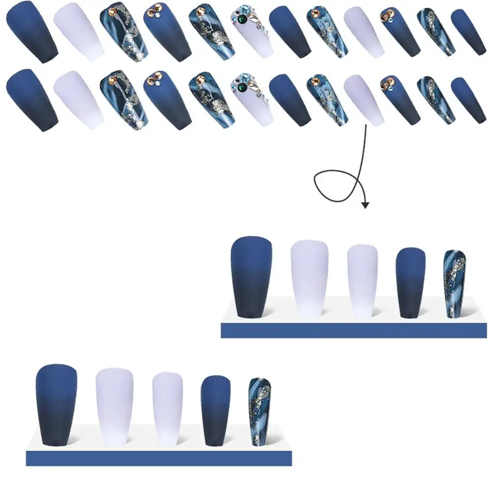 Manicure Nail Tips DIY Full Cover Wearable Fake Nails Flash Fingernails Dark Blue Diamond Foil Gold Powder