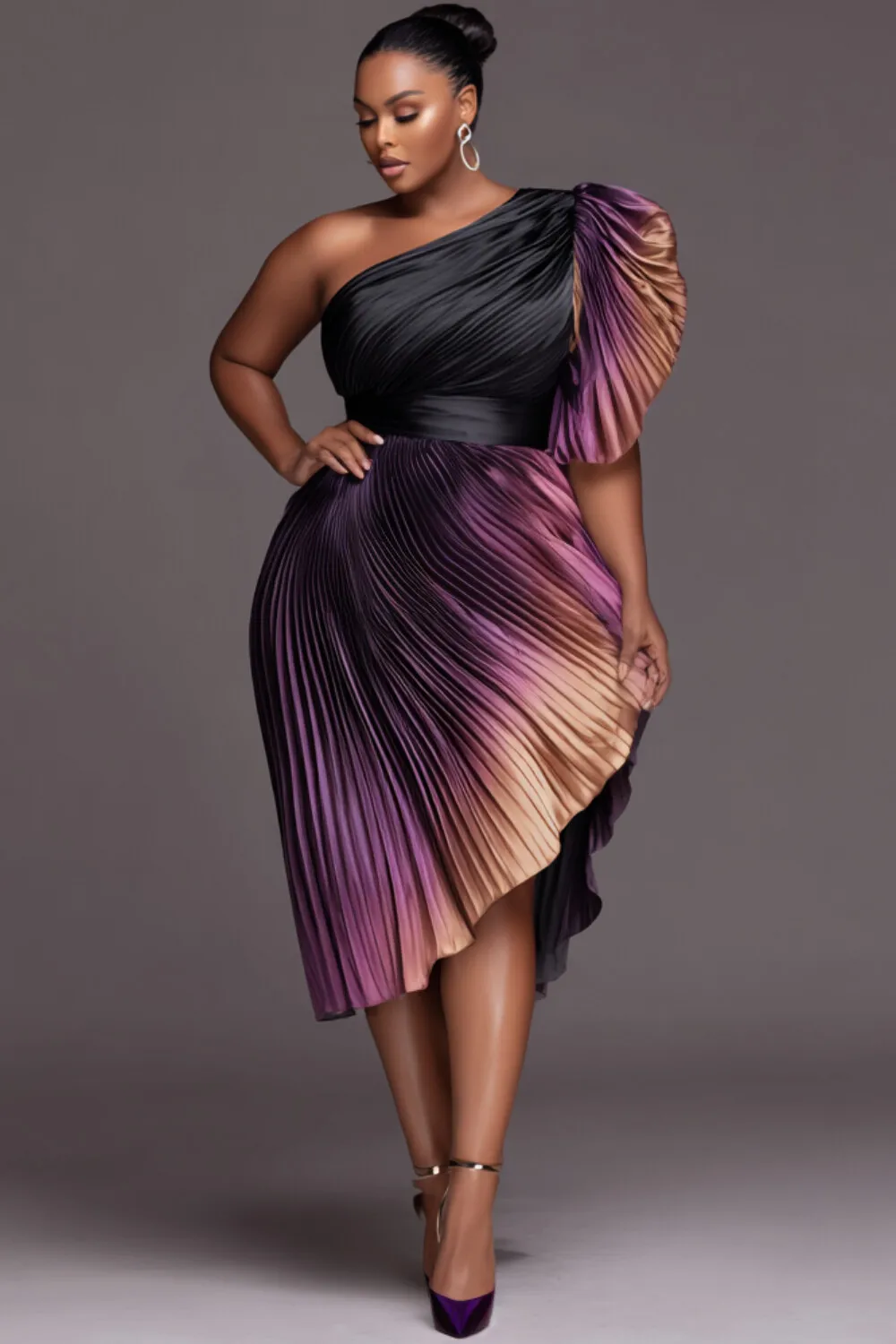 

Plus Size Cocktail Party Purple Gradient One Shoulder Short Sleeve Pleated Elegant Asymmetric Hem Satin Midi Dresses