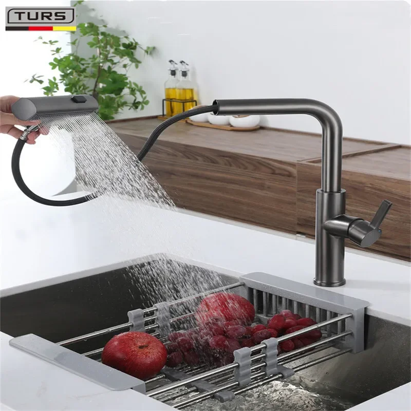 3-Mode Waterfall Kitchen Faucet Pull-Out Stream Sprayer Stainless Steel Single Hole 360° Rotation Sink Mixer