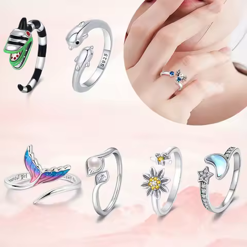 New Adjustable Original S925 Sterling Silver Hoops Ring Fine Jewelry Fashion Romantic Gift for Girlfriend Cute Animal Ring Love