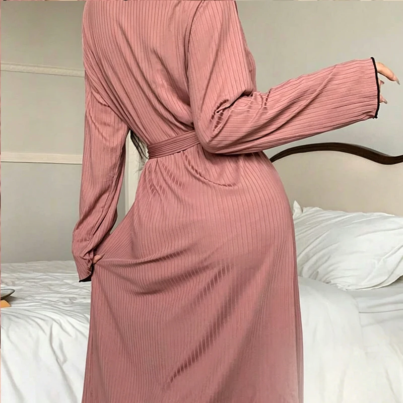 Autumn New Women Knit Robe Minimalist Stripe Bathrobe Gown Sexy Loose Sleepwear Lace-Up Home Clothes Nightwear Kimono Gown